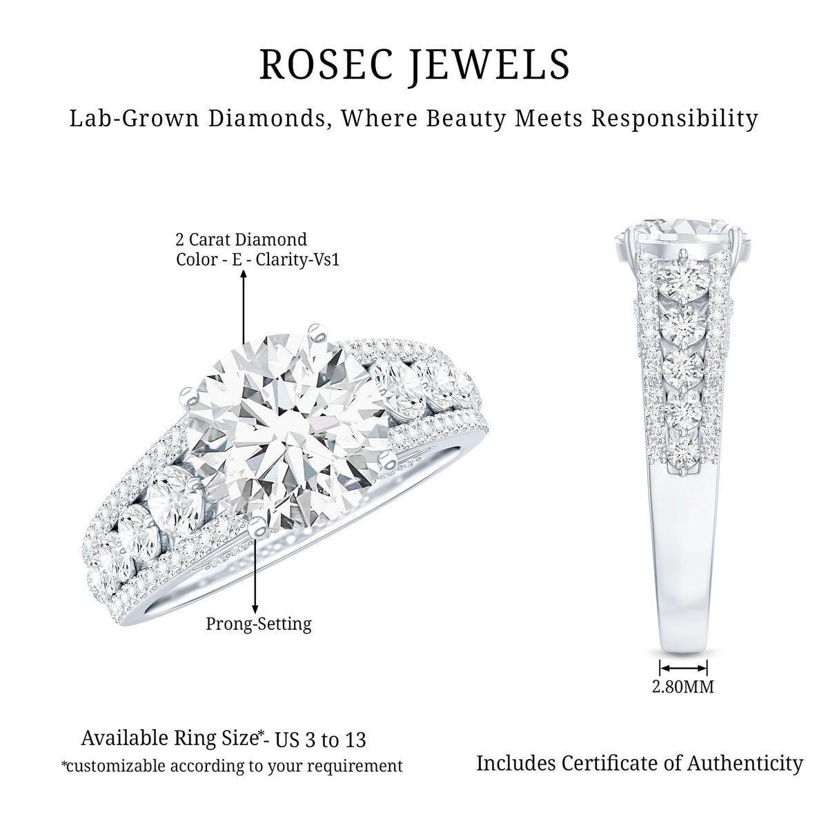 IGI Verified Lab Grown Diamond 2 Carat Engagement Ring with Side Stones Lab - ( E-VS1 ) - Rosec Jewels