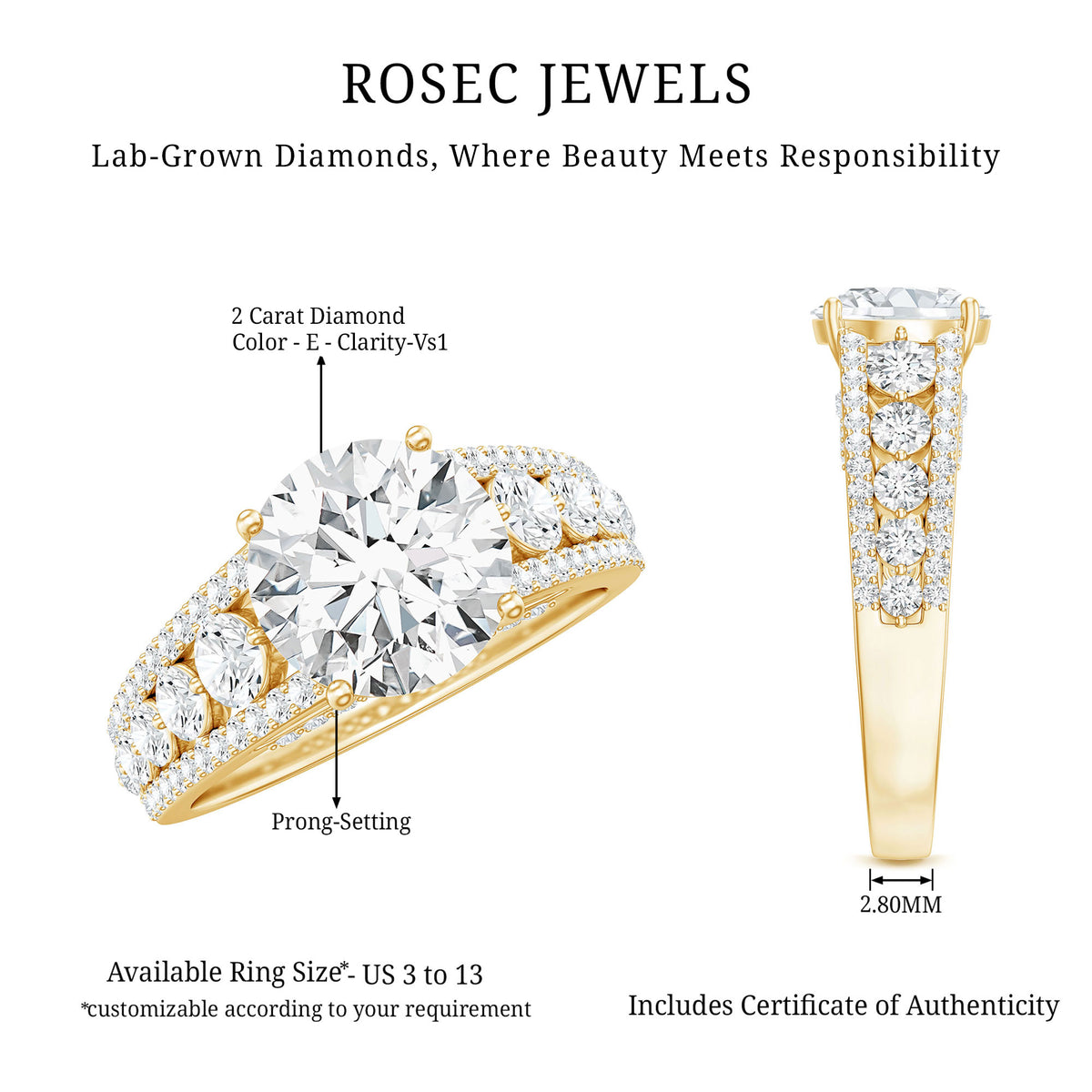 IGI Verified Lab Grown Diamond 2 Carat Engagement Ring with Side Stones Lab - ( E-VS1 ) - Rosec Jewels