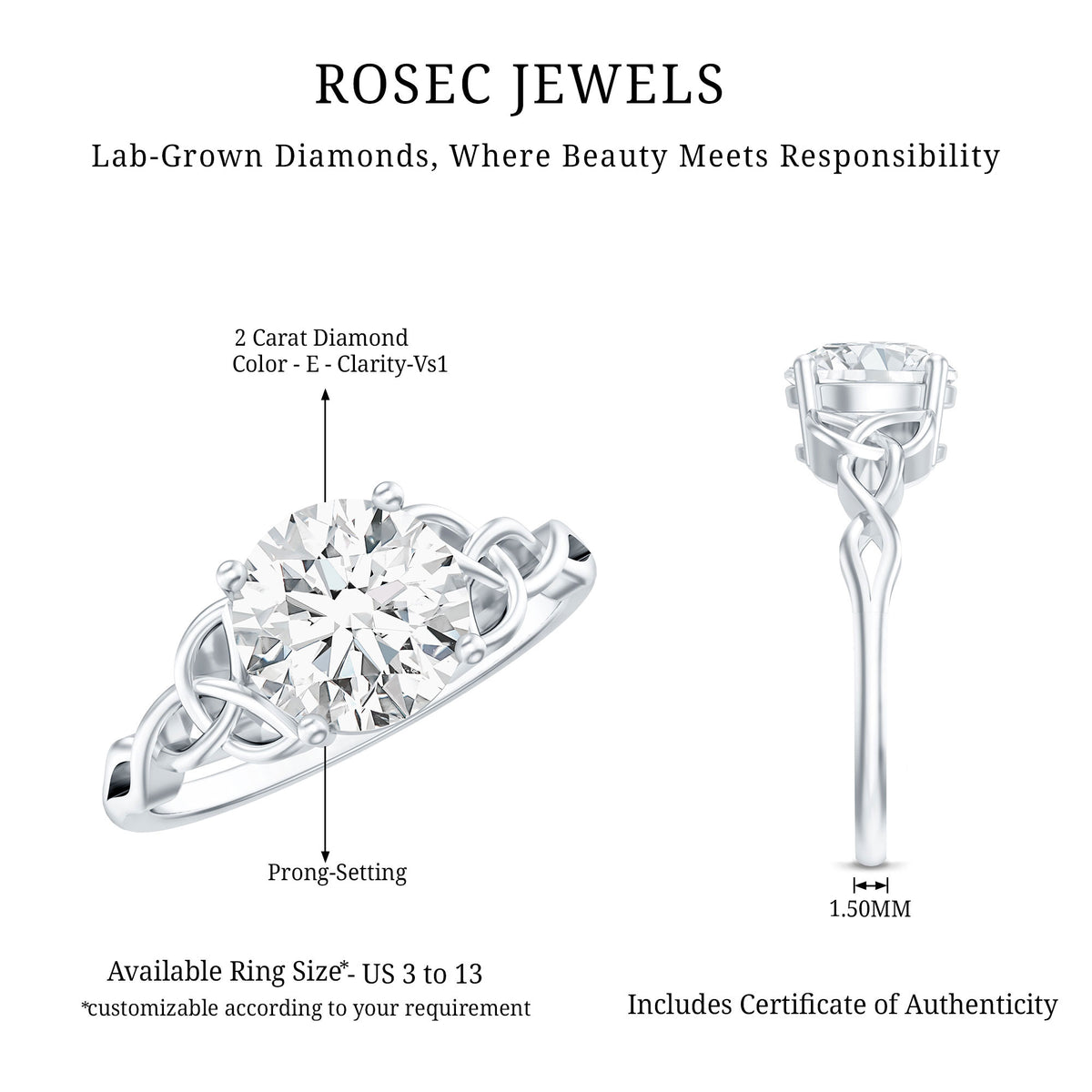 Solitaire 2 Carat Lab Grown Diamond Celtic Engagement Ring with IGI Certificate Lab - ( E-VS1 ) - Rosec Jewels