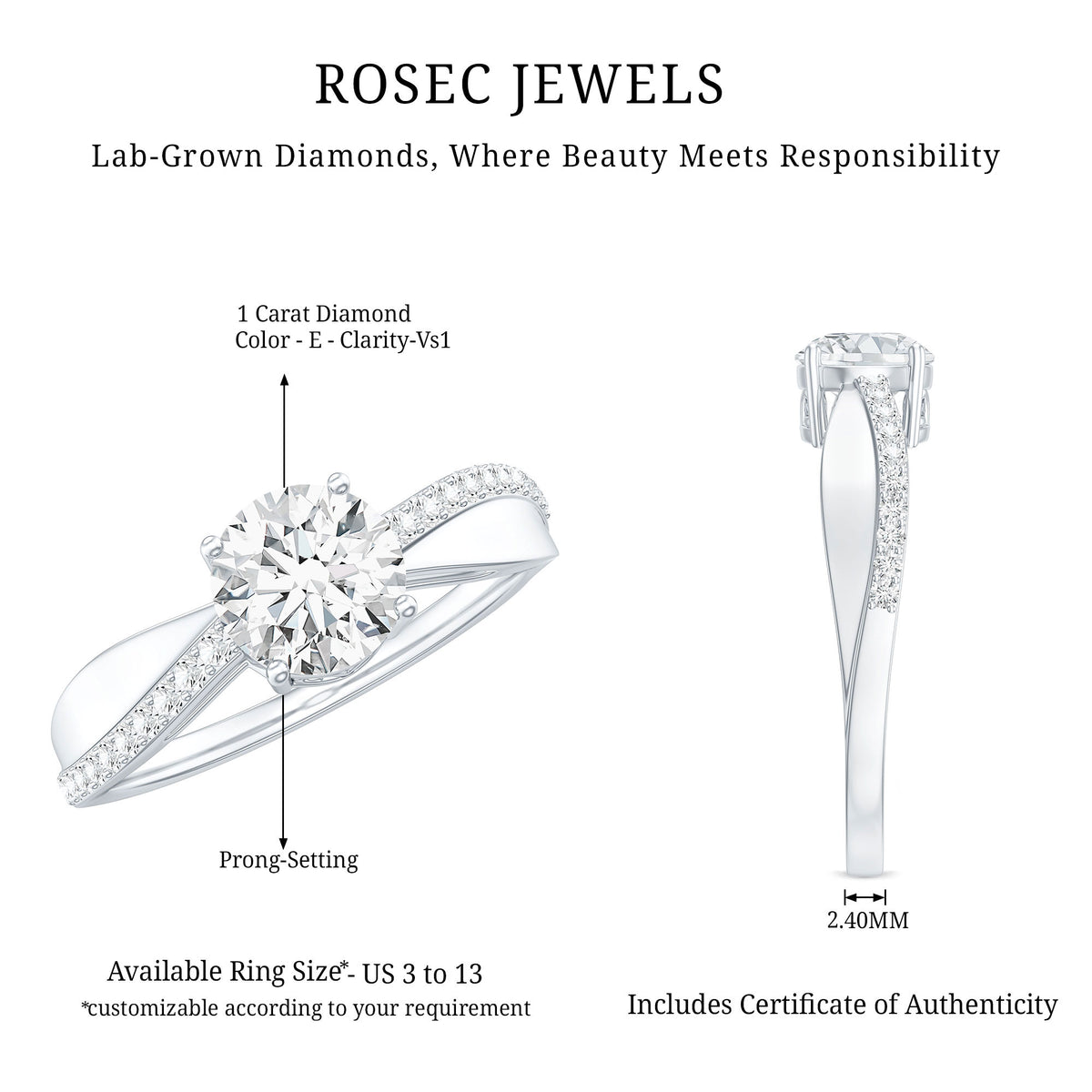 IGI Graded 1 Carat Lab Grown Diamond Solitaire Engagement Ring Lab - ( E-VS1 ) - Rosec Jewels