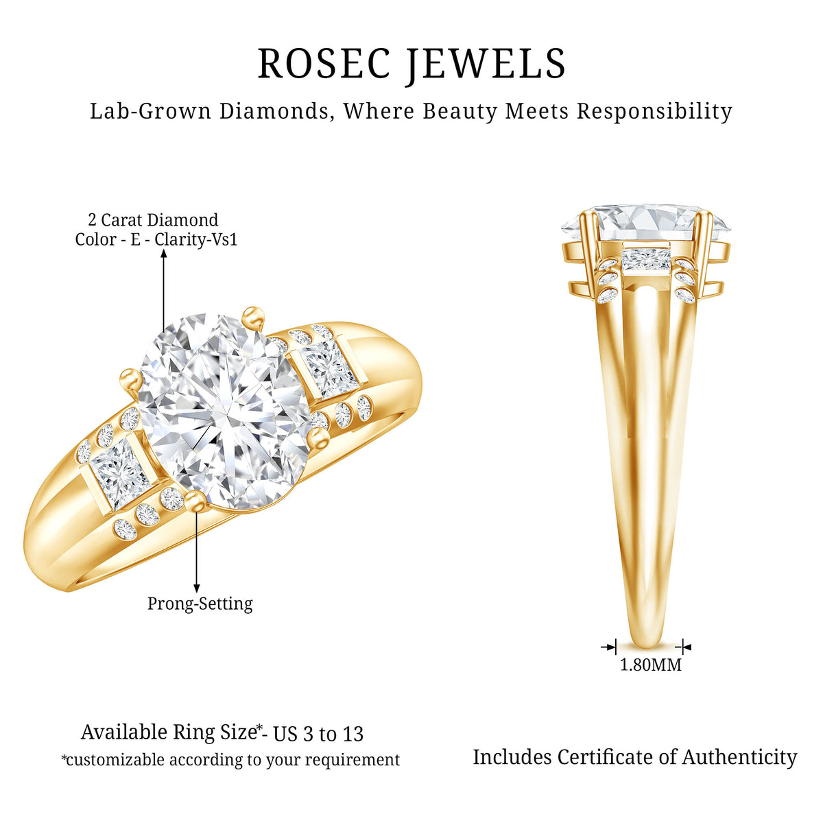 IGI Graded 2 Carat Lab Grown Oval Diamond Statement Ring Lab - ( E-VS1 ) - Rosec Jewels