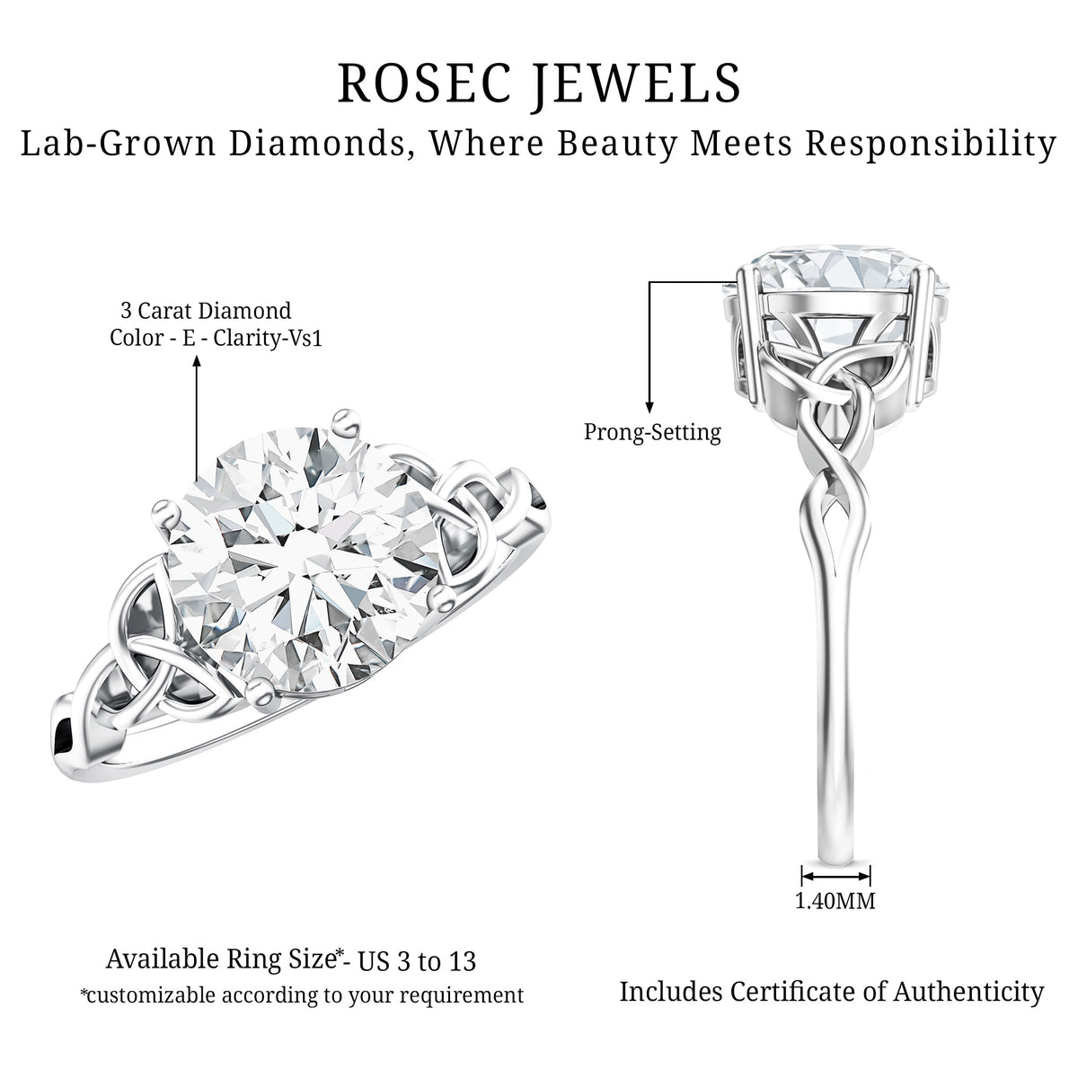 IGI Verified 3 Carat Round Cut Lab Grown Diamond Celtic Engagement Ring Lab - ( E-VS1 ) - Rosec Jewels