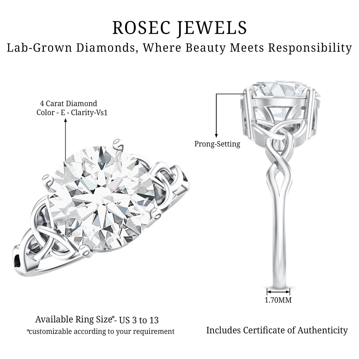4 Carat Solitaire Lab Grown Diamond Celtic Knot Engagement Ring with IGI Certificate Lab - ( E-VS1 ) - Rosec Jewels