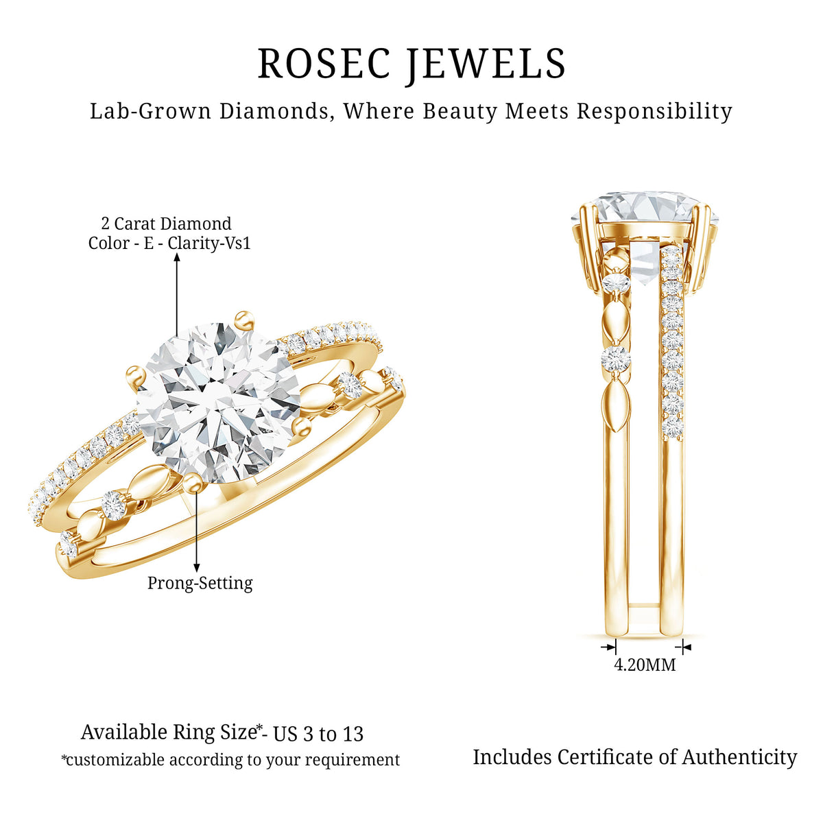 2 Carat Round Lab Grown Diamond Double Band Engagement Ring IGI Certified Lab - ( E-VS1 ) - Rosec Jewels