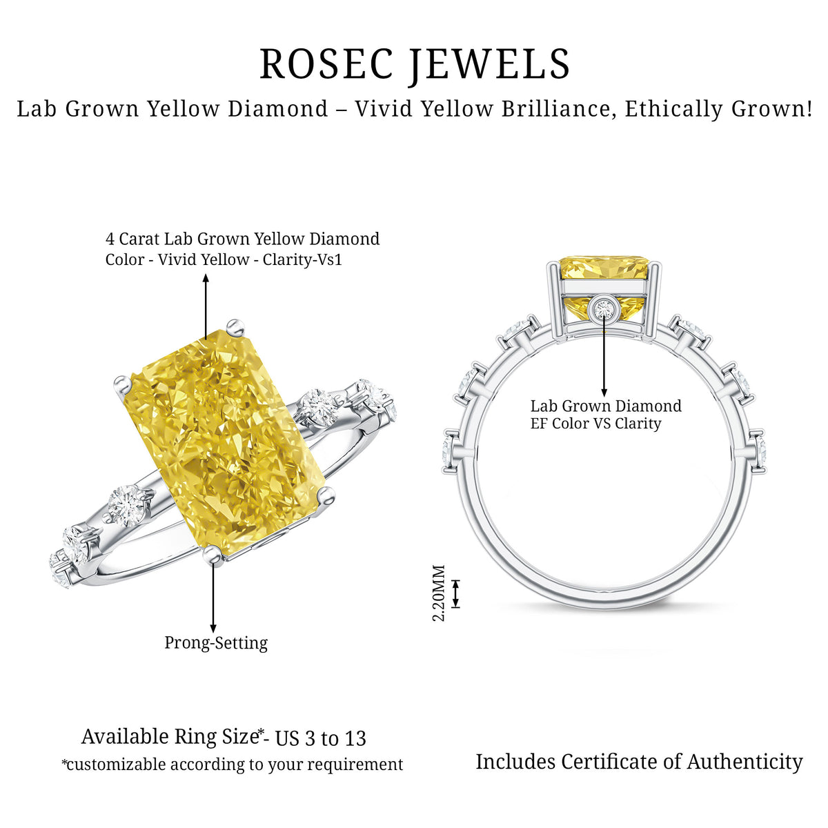 Rosec Jewels-Radiant Cut Lab Grown Yellow Diamond 4 Carat Engagement Ring IGI Certified