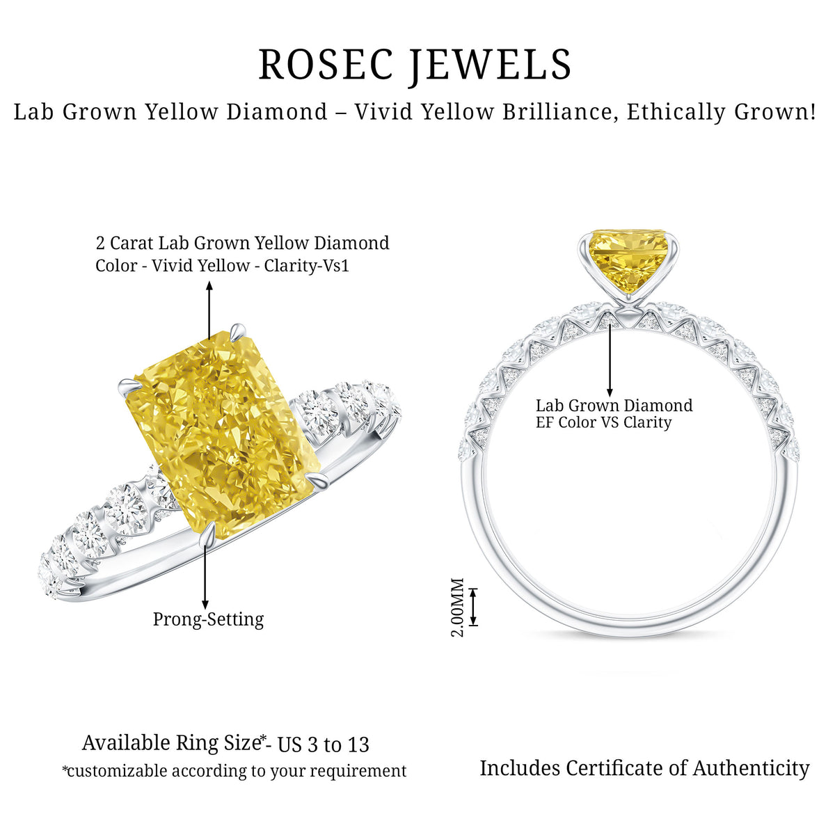 Rosec Jewels-IGI Graded 2 Carat Lab Grown Yellow and White Diamond Radiant Cut Engagement Ring