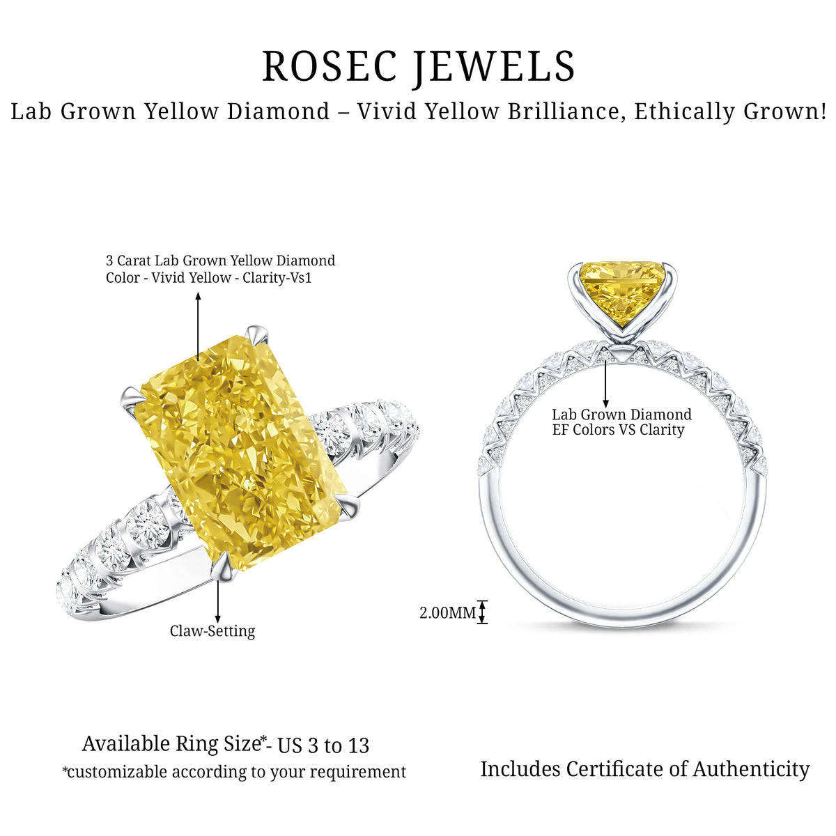 Rosec Jewels-3 Carat Radiant Cut Lab Yellow Diamond Statement Engagement Ring IGI Certified
