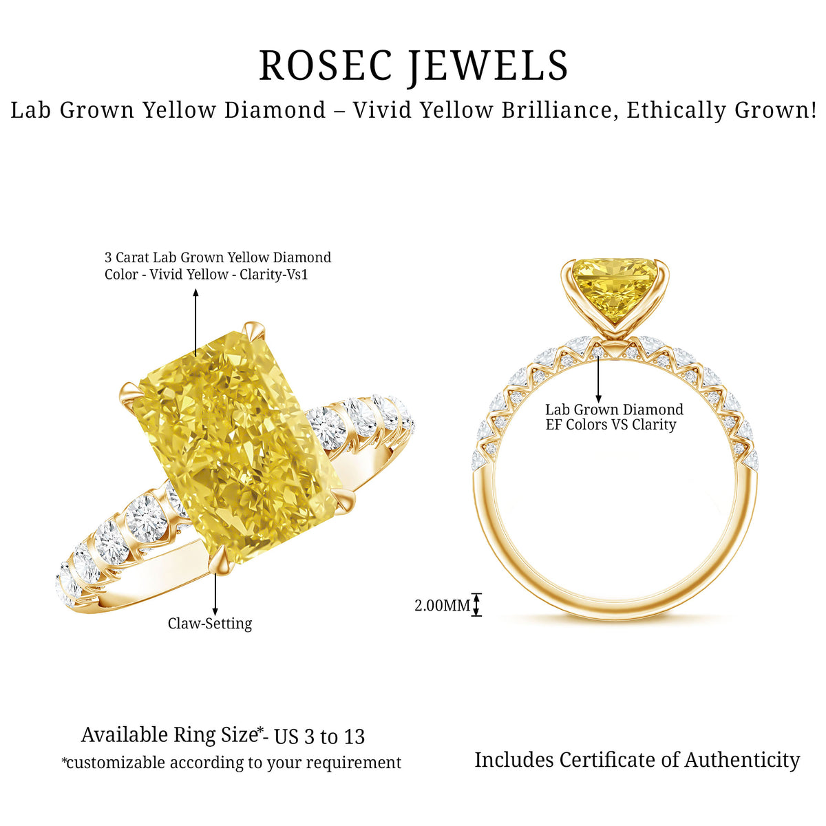 Rosec Jewels-3 Carat Radiant Cut Lab Yellow Diamond Statement Engagement Ring IGI Certified