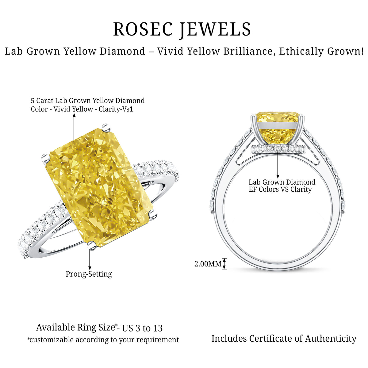Rosec Jewels-IGI Certified 5 Carat Lab Yellow Diamond Radiant Cut Engagement Ring with Hidden Halo