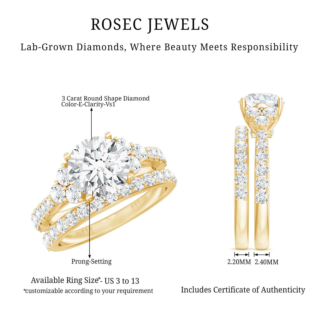 3 Carat Lab Diamond Engagement Ring Set with IGI Certificate Lab - ( E-VS1 ) - Rosec Jewels
