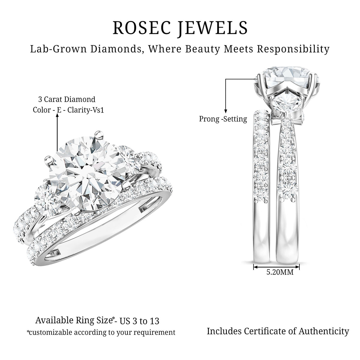 Rosec Jewels-IGI Documented 3 Carat Lab Grown Diamond Bridal Ring Set
