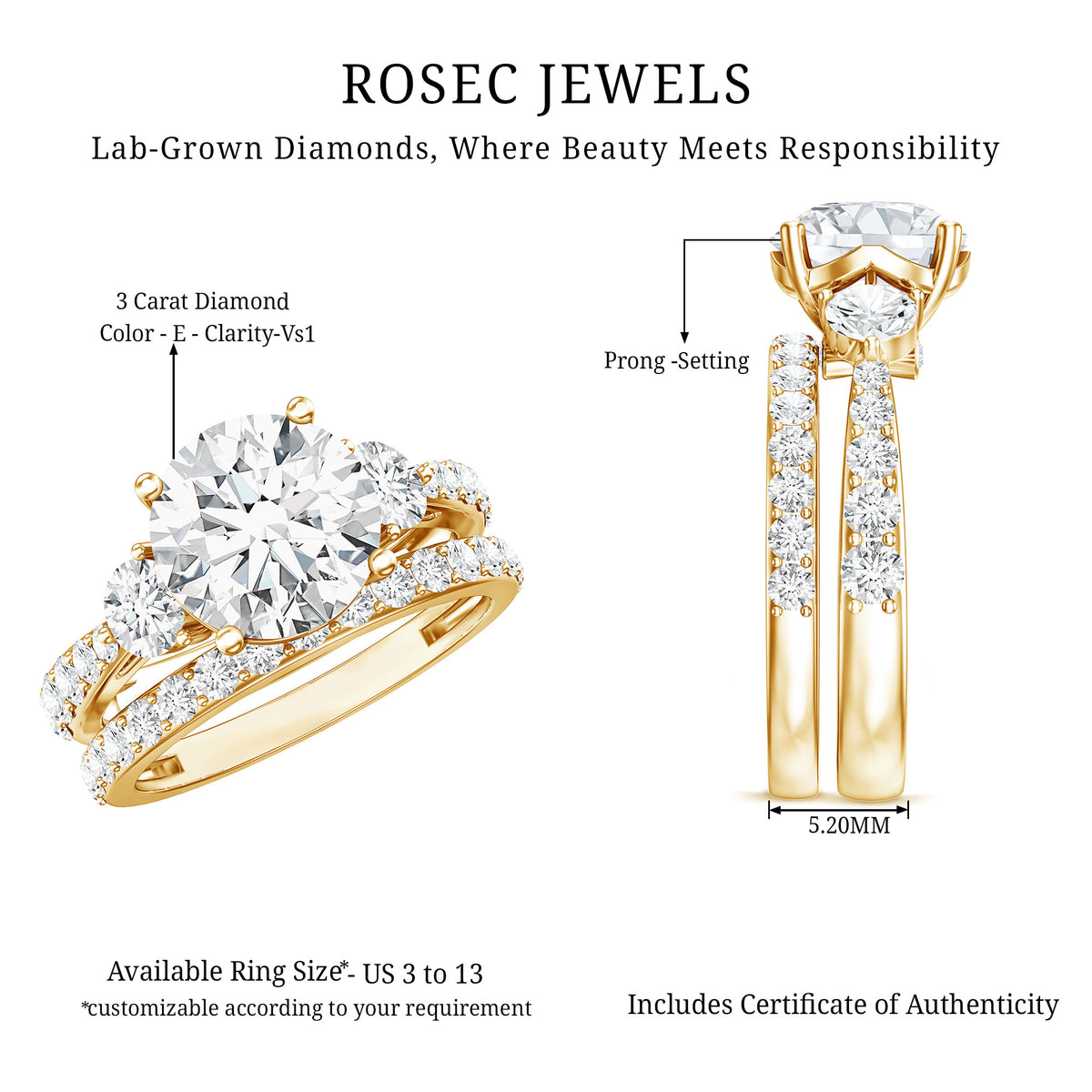 Rosec Jewels-IGI Documented 3 Carat Lab Grown Diamond Bridal Ring Set