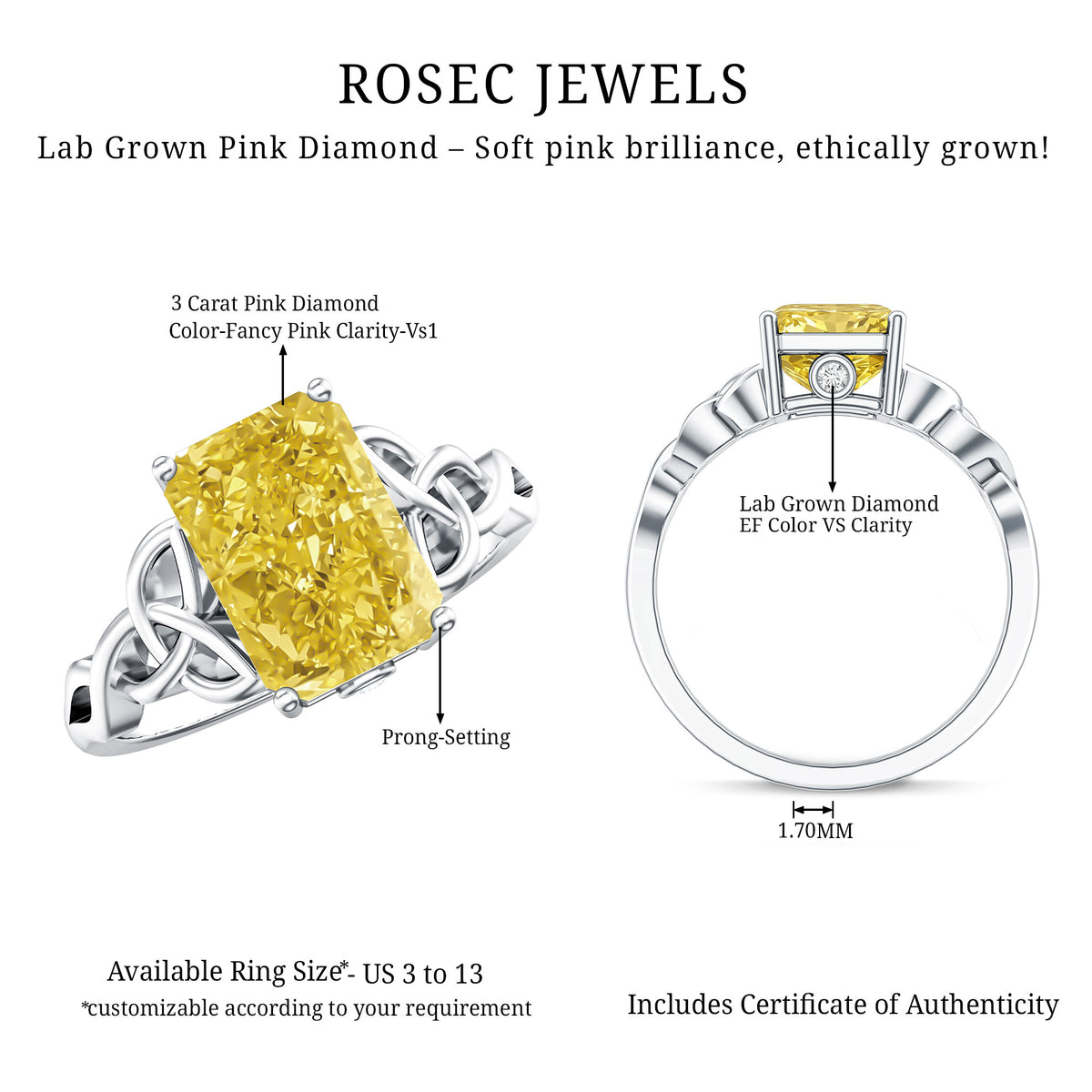 IGI Certified Celtic Design Engagement Ring with Radiant Cut 3 Carat Lab Grown Diamond Vivid Yellow - VS1 - Rosec Jewels