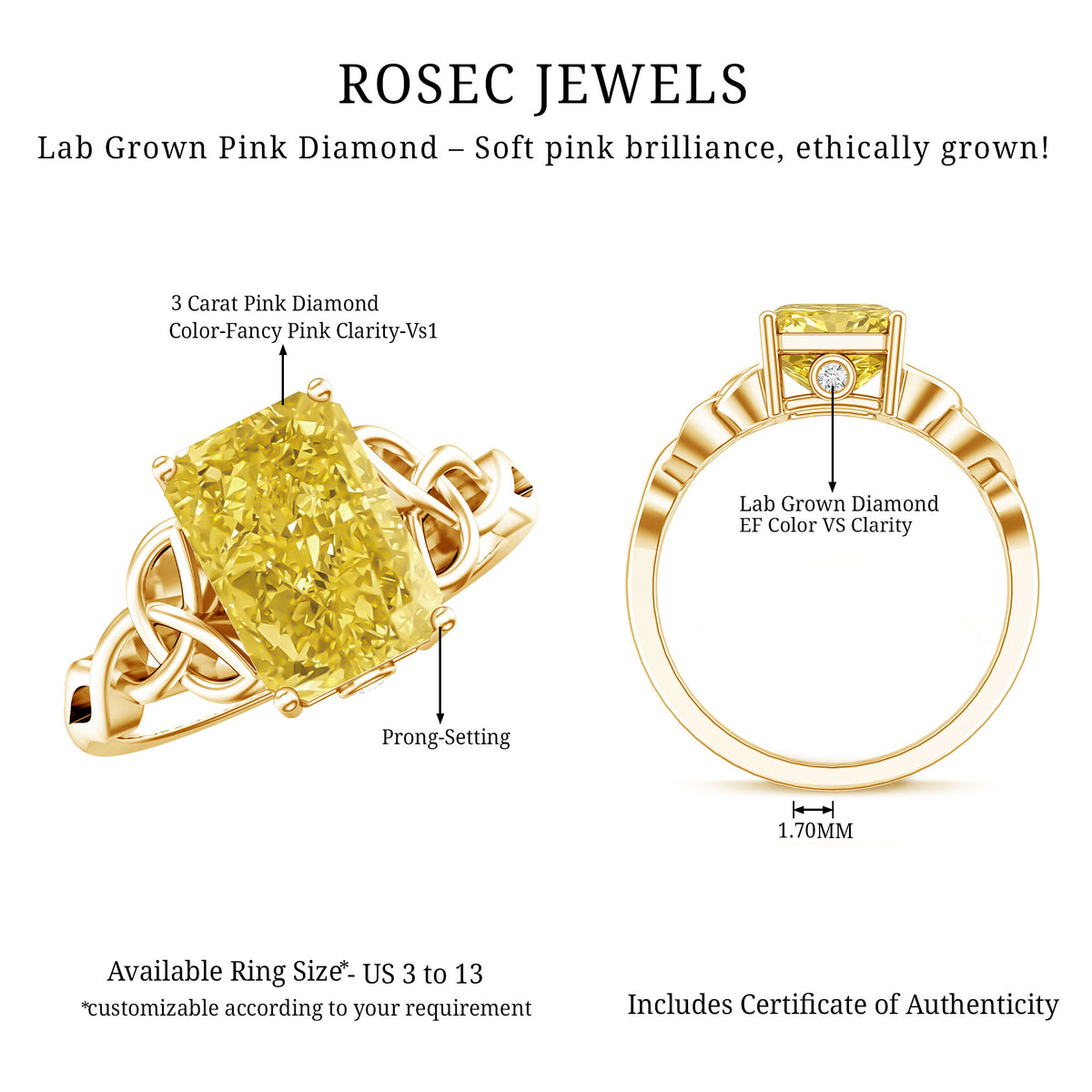 IGI Certified Celtic Design Engagement Ring with Radiant Cut 3 Carat Lab Grown Diamond Vivid Yellow - VS1 - Rosec Jewels