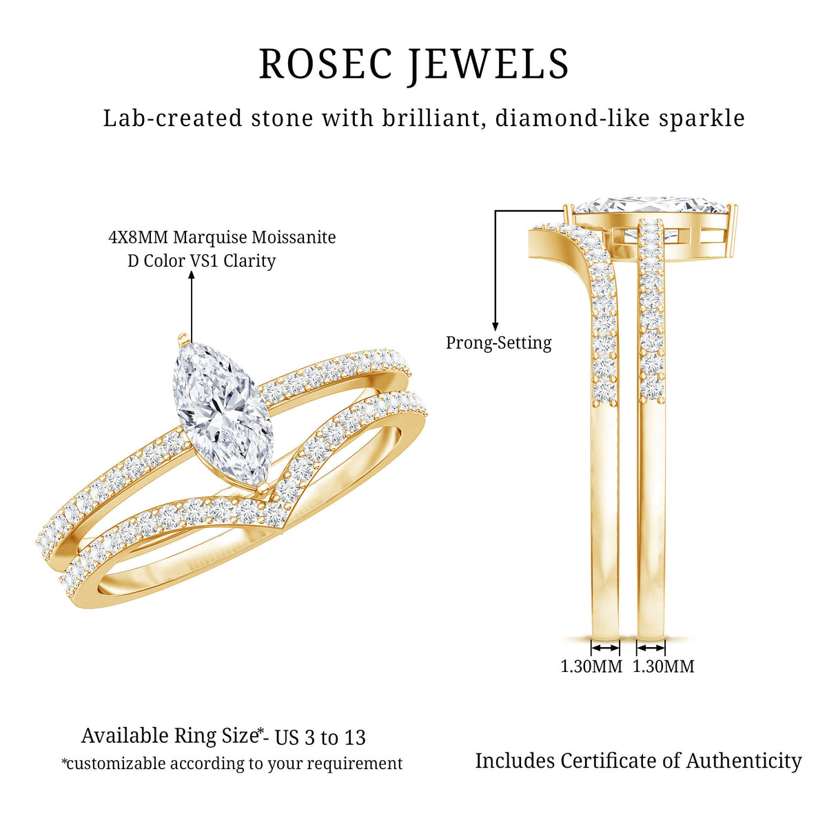 Marquise Cut Moissanite Engagement Ring with Enhancer D-VS1 - Rosec Jewels