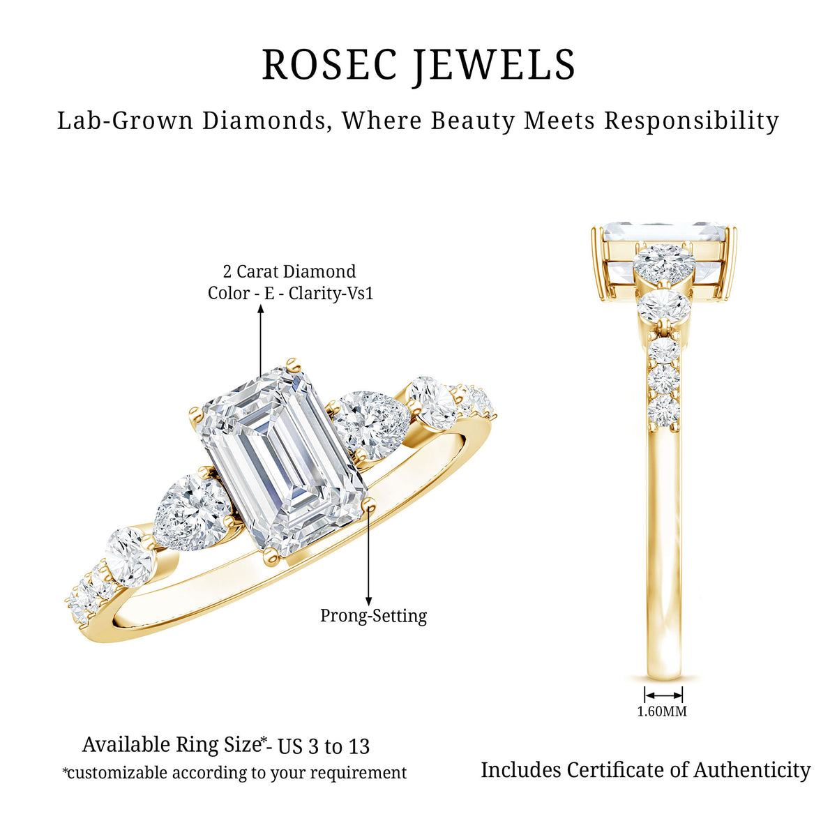Rosec Jewels-IGI Verified 2 Carat Emerald Cut Lab Grown Diamond Engagement Ring with Side Stones