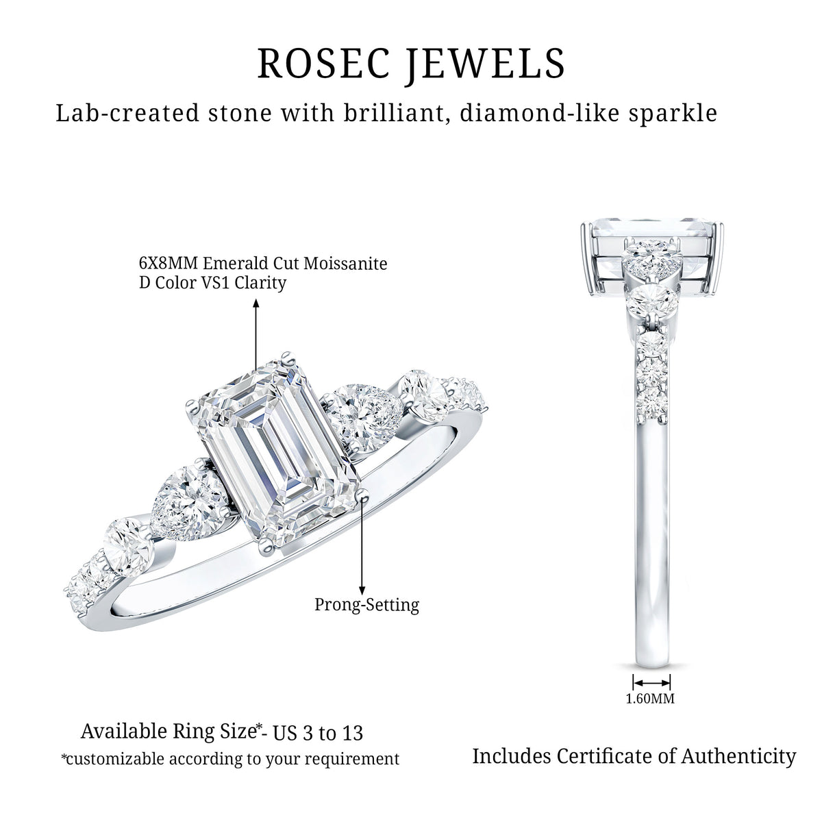 1.8 Carat Emerald Cut Moissanite Engagement Ring with Side Stones D-VS1 - Rosec Jewels