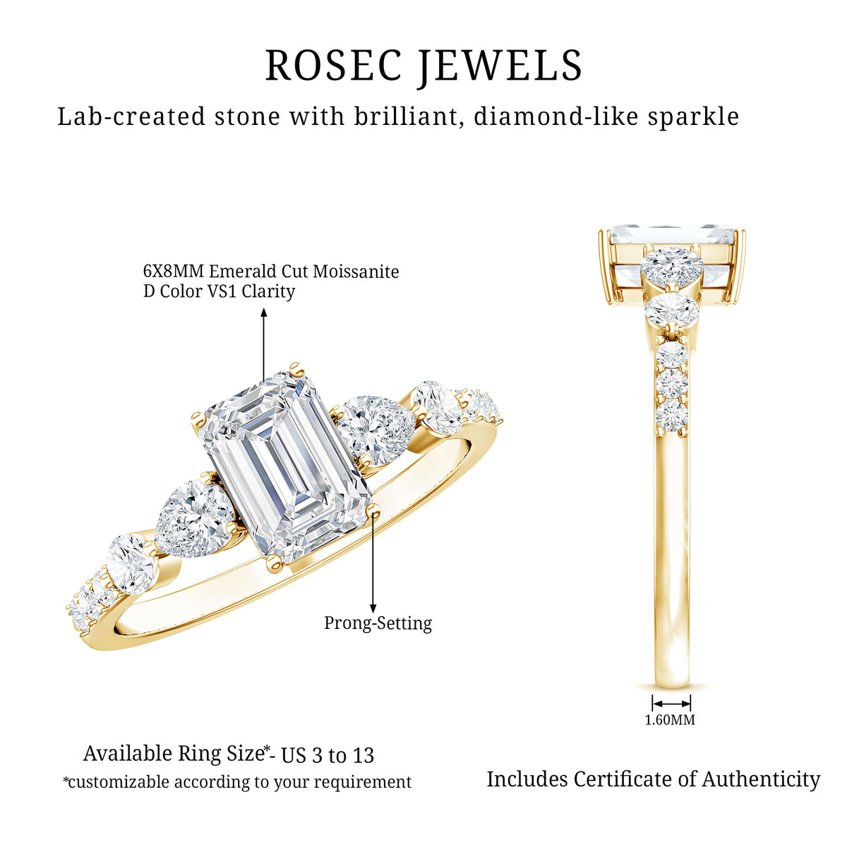 1.8 Carat Emerald Cut Moissanite Engagement Ring with Side Stones D-VS1 - Rosec Jewels