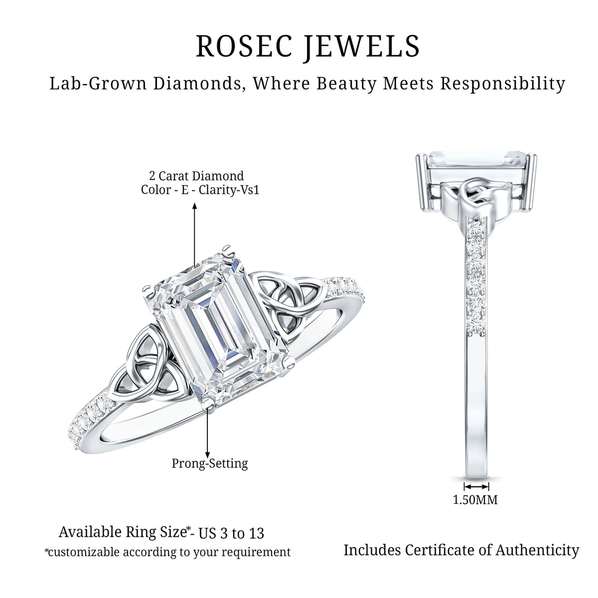Rosec Jewels-Emerald Cut 2 Carat Lab Grown Diamond Celtic Engagement Ring IGI Certified