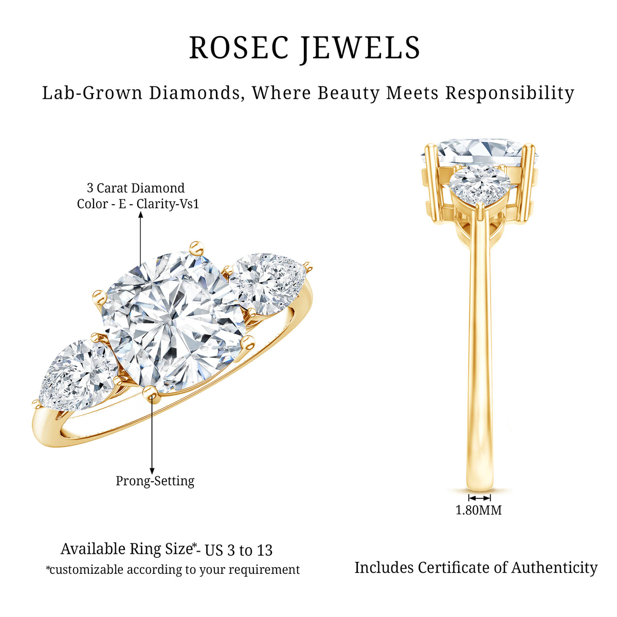 Rosec Jewels-IGI Documented 3 Carat Cushion Cut Lab Grown Diamond Journey Ring