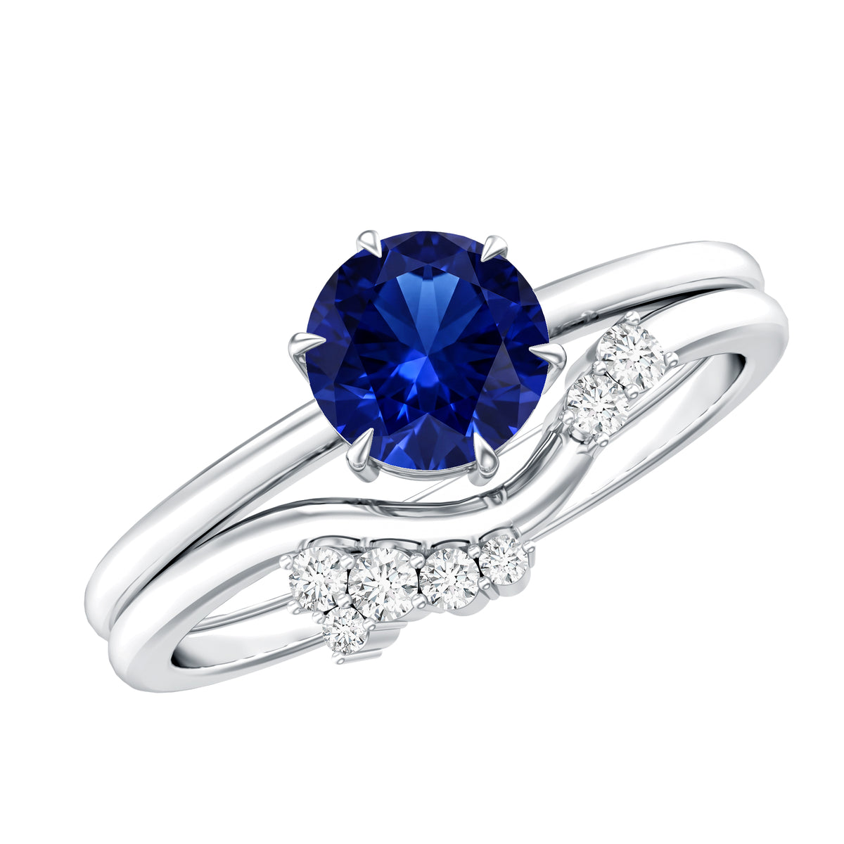 1 Carat Lab Grown Blue Sapphire Bridal Ring Set with Diamond AAAA - Rosec Jewels