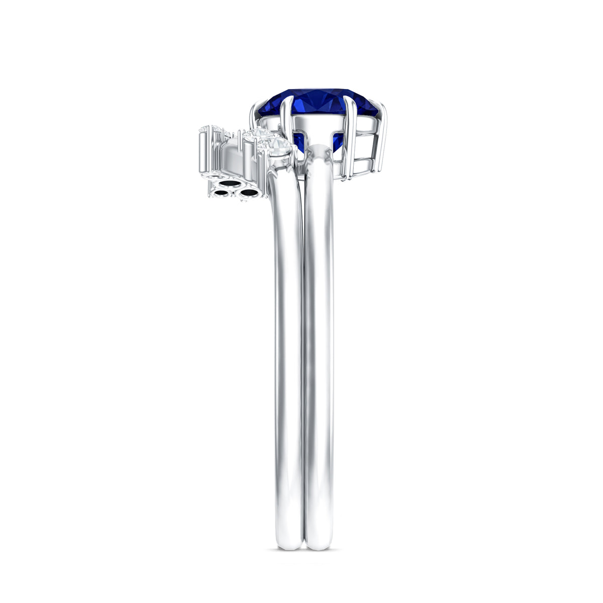 1 Carat Lab Grown Blue Sapphire Bridal Ring Set with Diamond AAAA - Rosec Jewels