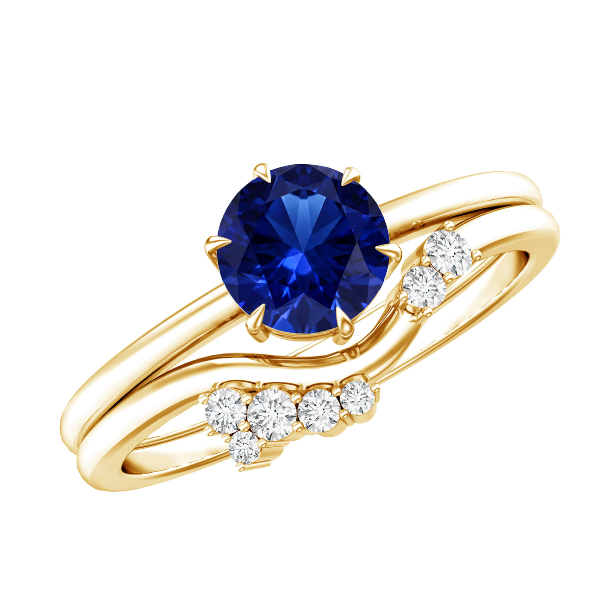 1 Carat Lab Grown Blue Sapphire Bridal Ring Set with Diamond AAAA - Rosec Jewels