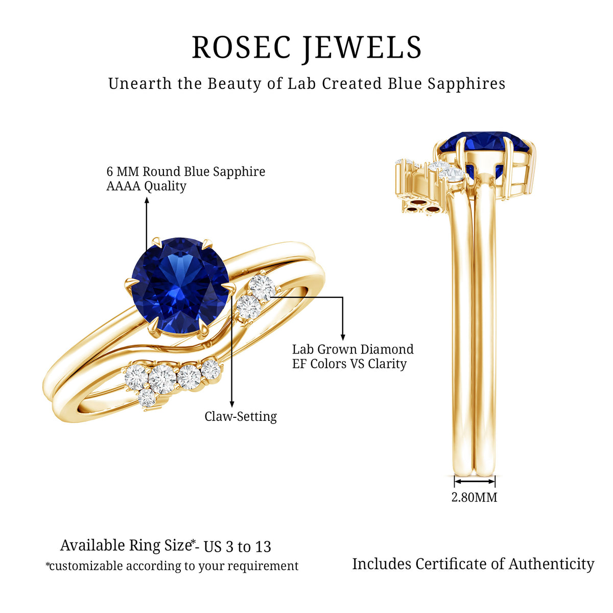 1 Carat Lab Grown Blue Sapphire Bridal Ring Set with Diamond AAAA - Rosec Jewels