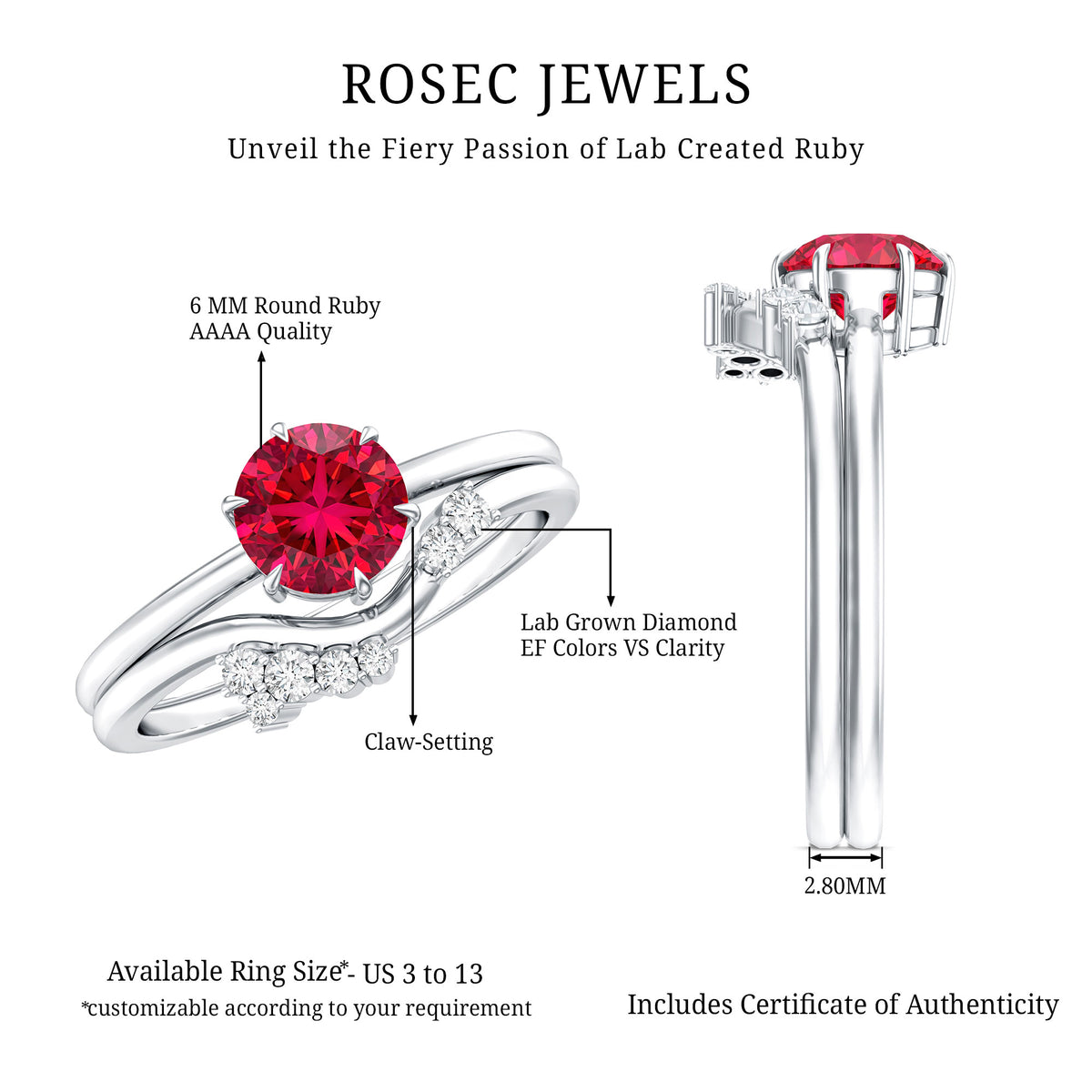 1.3 Carat Lab Grown Ruby and Diamond Engagement Wedding Ring Set of 2 AAAA - Rosec Jewels