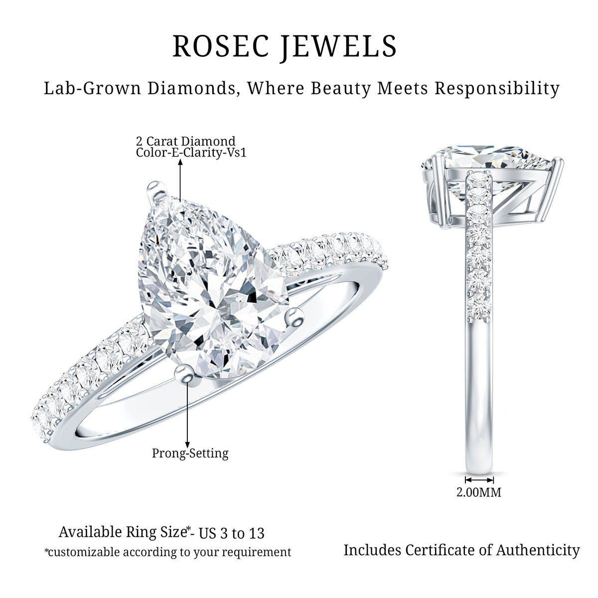 Rosec Jewels-IGI Verified 2 Carat Lab Created Diamond Pear Engagement Ring for Women