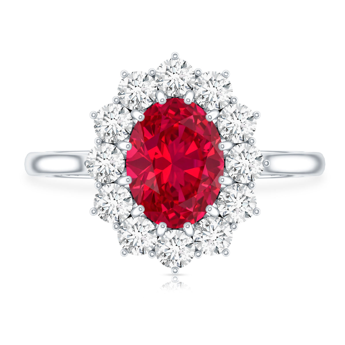 1.5 Carat Lab Grown Ruby Oval Engagement Ring with Diamond Halo AAAA - Rosec Jewels