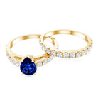Pear Shape Lab Grown Blue Sapphire and Diamond Bridal Ring Set AAAA - Rosec Jewels