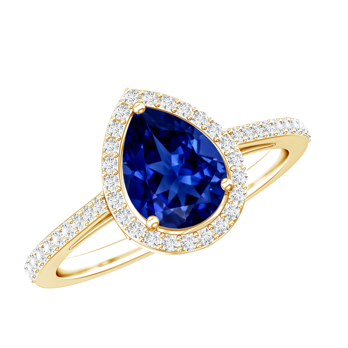 1.6 Carat Pear Shaped Lab Grown Blue Sapphire and Diamond Halo Engagement Ring AAAA - Rosec Jewels