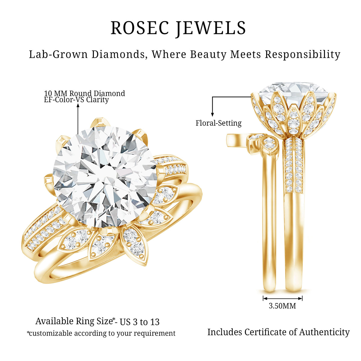 4 Carat Lab Grown Diamond Flower Engagement Ring with Wedding Band Lab - ( EF-VS ) - Rosec Jewels