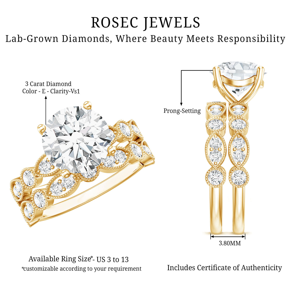 3 Carat Lab Grown Diamond Designer Wedding Ring Set IGI Certified Lab - ( E-VS1 ) - Rosec Jewels