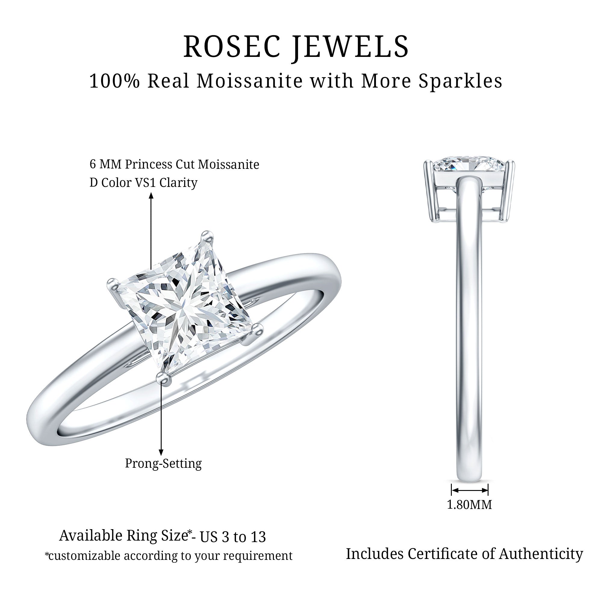1 CT Princess Cut Moissanite Solitaire Ring for Women D-VS1 - Rosec Jewels