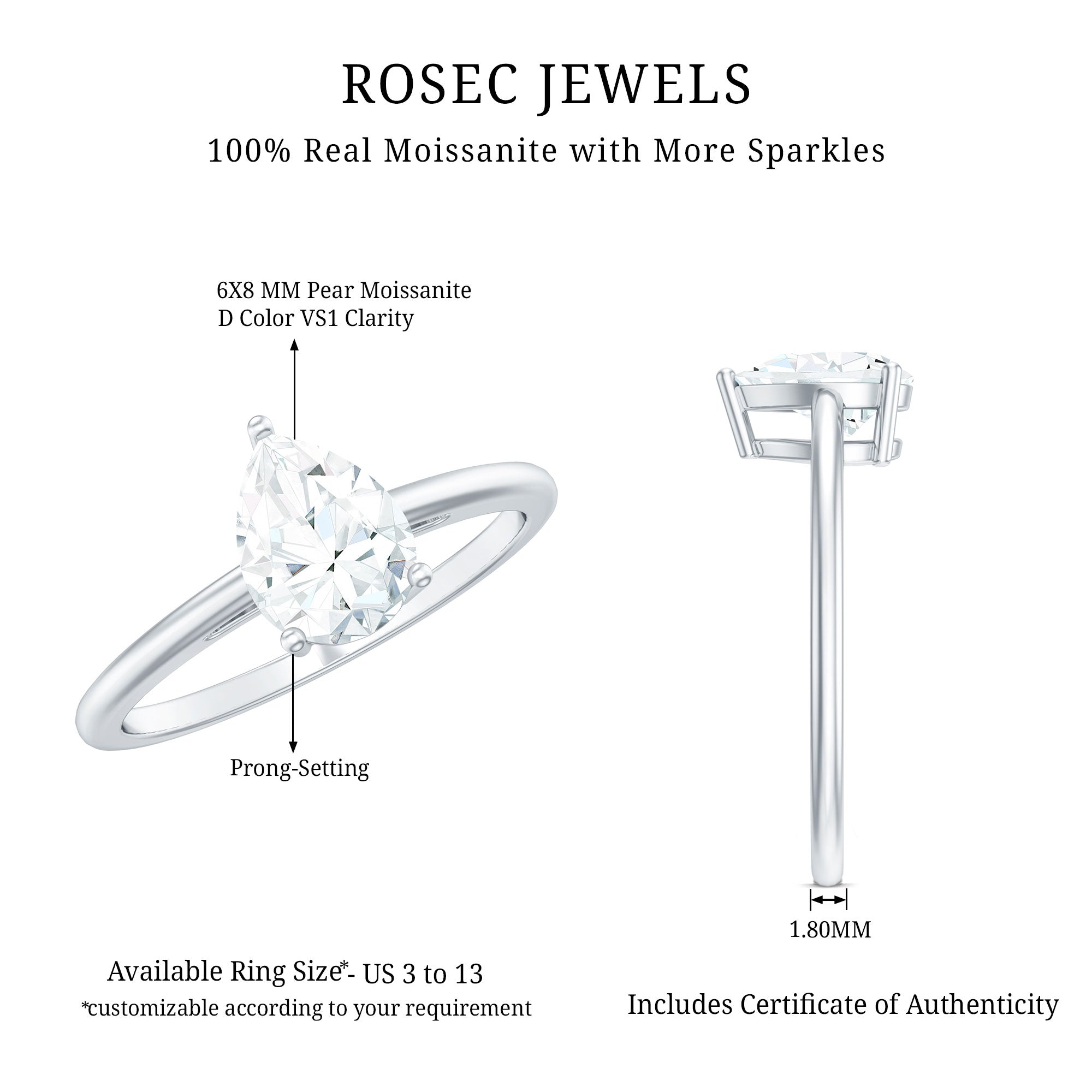 Solitaire Moissanite Teardrop Engagement Ring for Women D-VS1 - Rosec Jewels