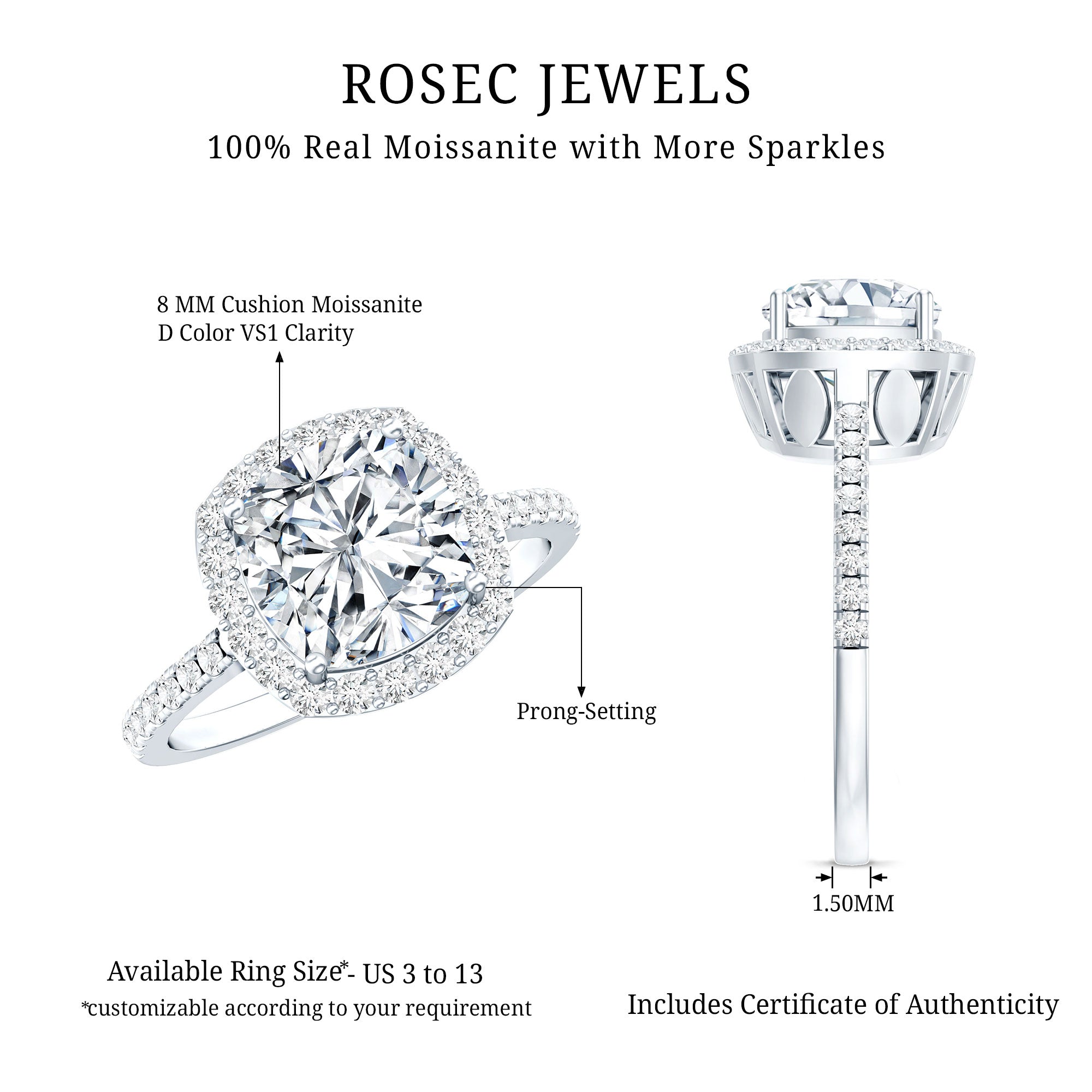 Rosec Jewels-Victorian Style 3 Carat Cushion Moissanite Halo Engagement Ring