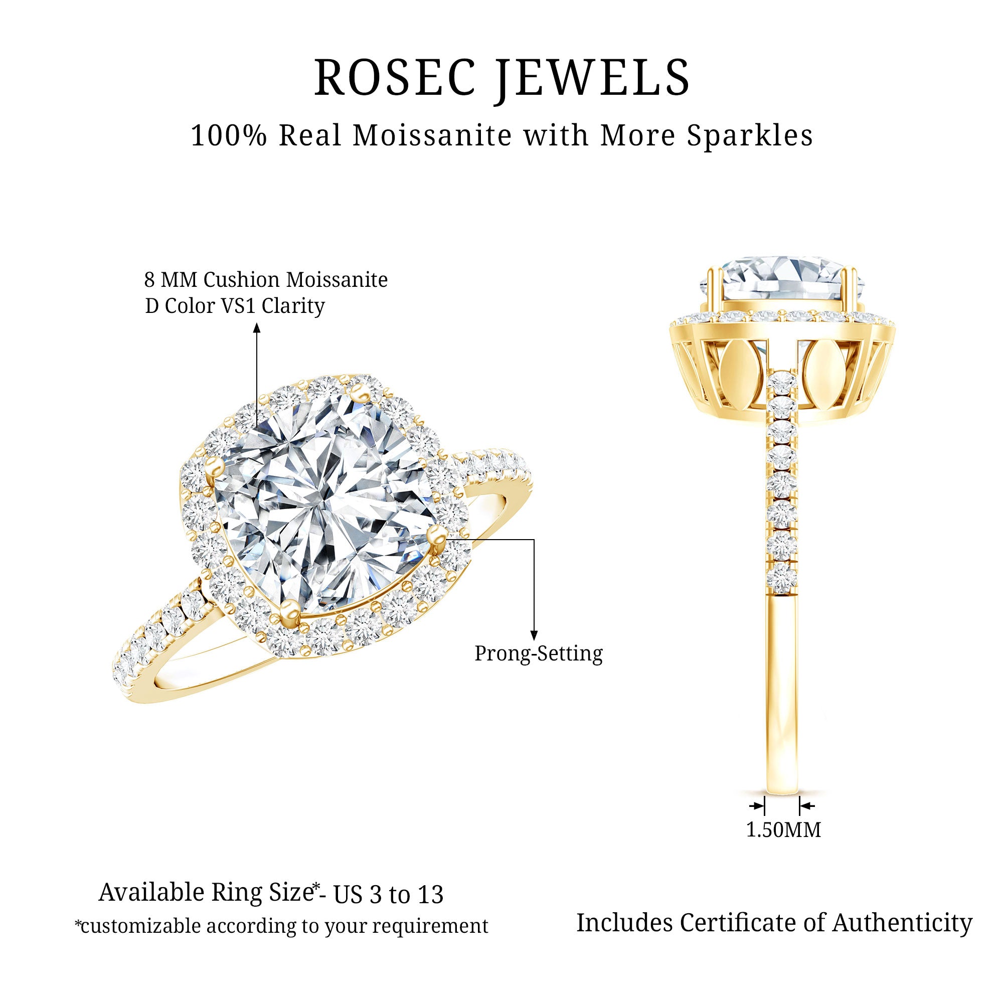 Rosec Jewels-Victorian Style 3 Carat Cushion Moissanite Halo Engagement Ring