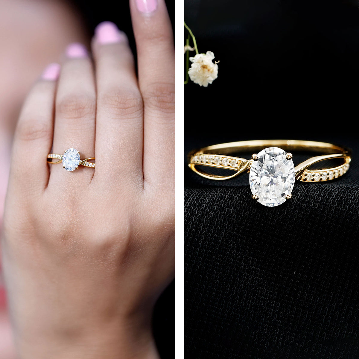 1 Carat Certified Moissanite Oval Engagement Ring with Infinity Band D-VS1 - Rosec Jewels