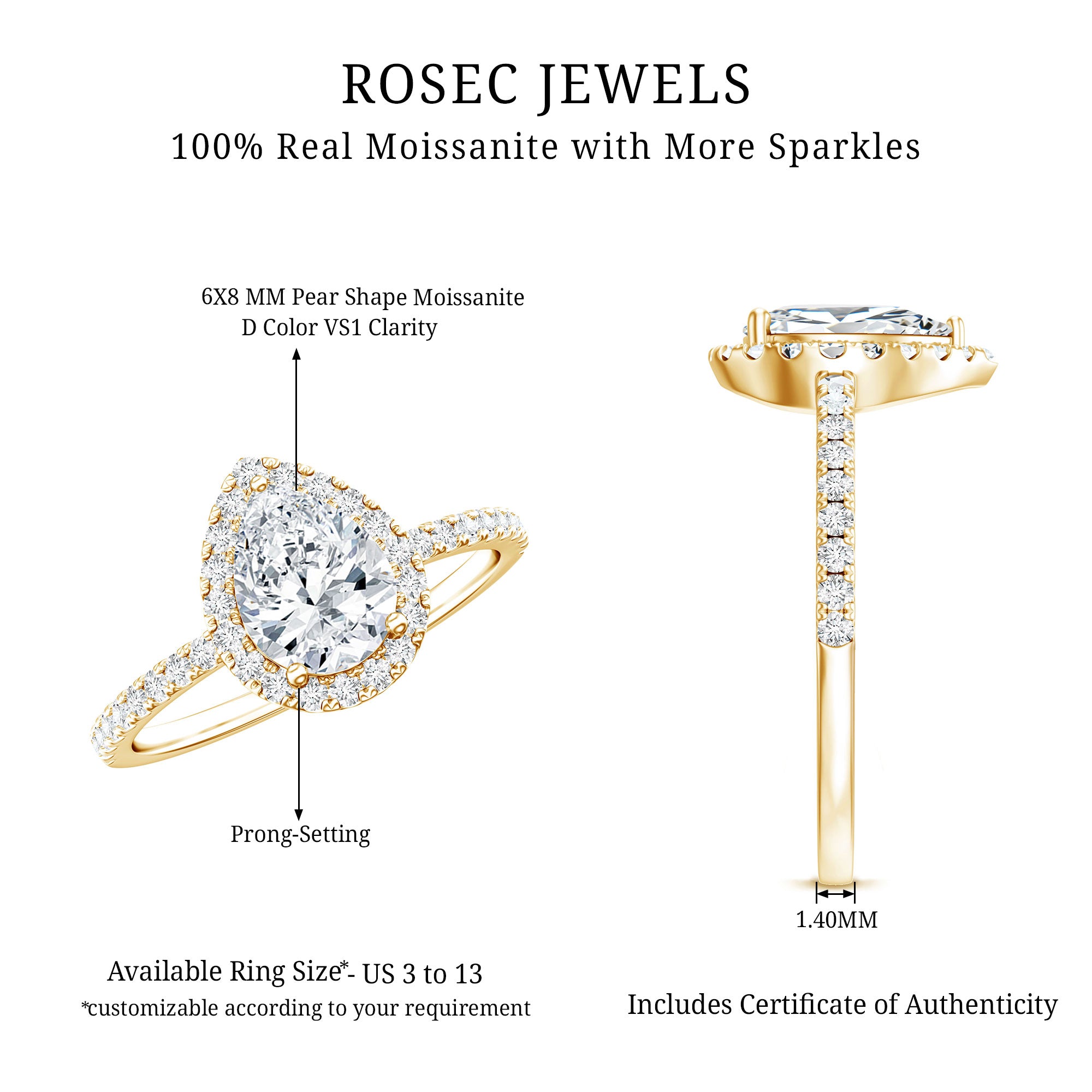 Rosec Jewels-Pear Shape Moissanite Halo Engagement Ring for Women