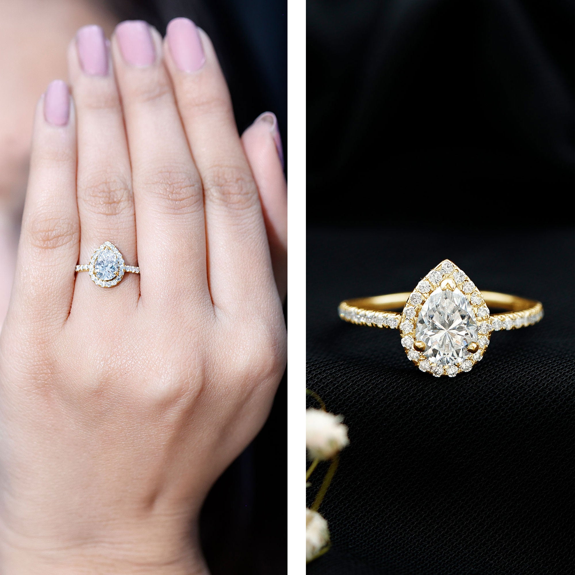 Rosec Jewels-Pear Shape Moissanite Halo Engagement Ring for Women