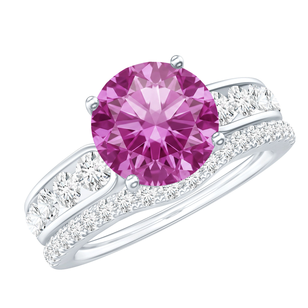 2.25 Carat Lab Grown Pink Sapphire Solitaire Bridal Ring Set