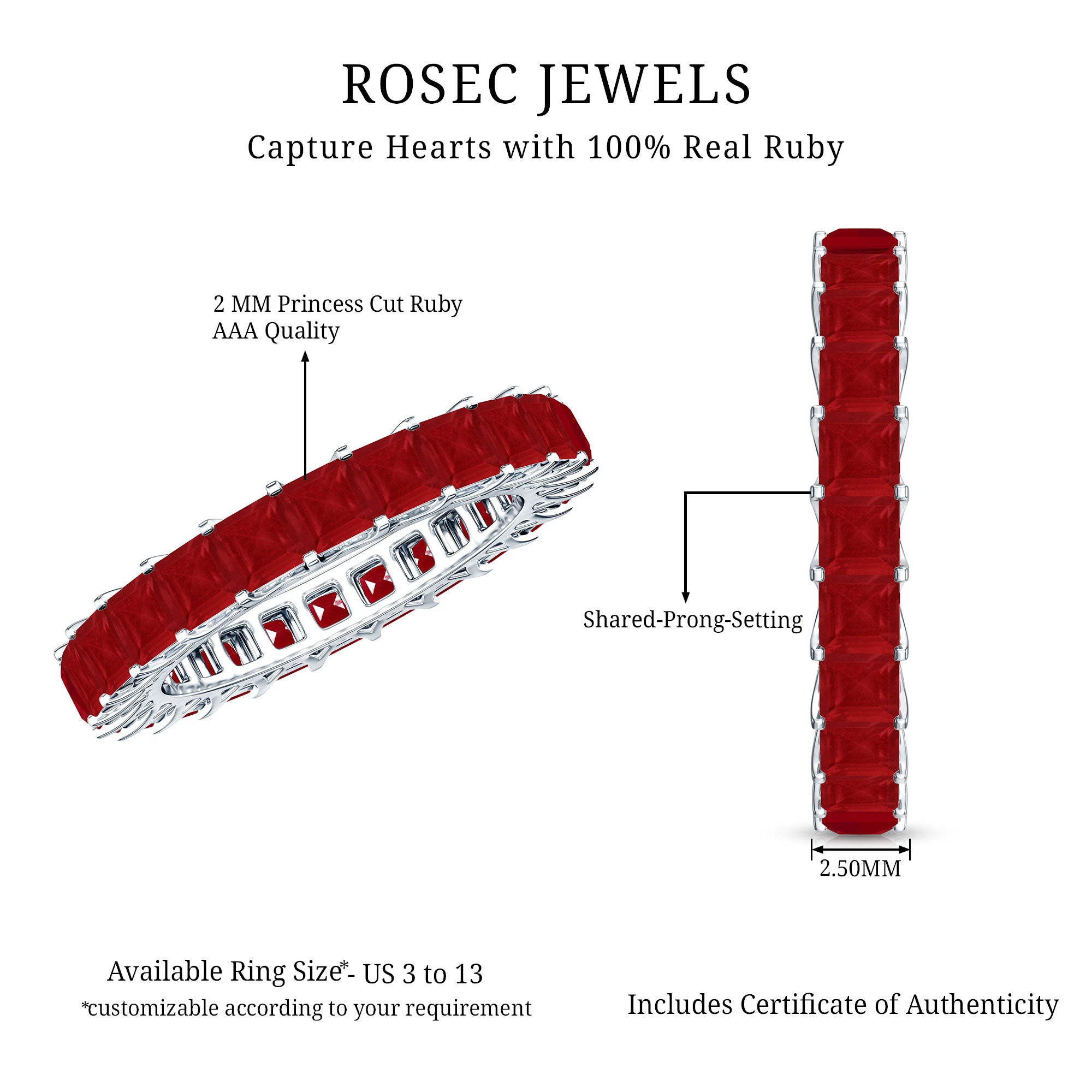 Princess Cut Ruby Eternity Ring – Thin Ruby Wedding Band in Shared Prong Setting | Real AAA Ruby AAA - Rosec Jewels
