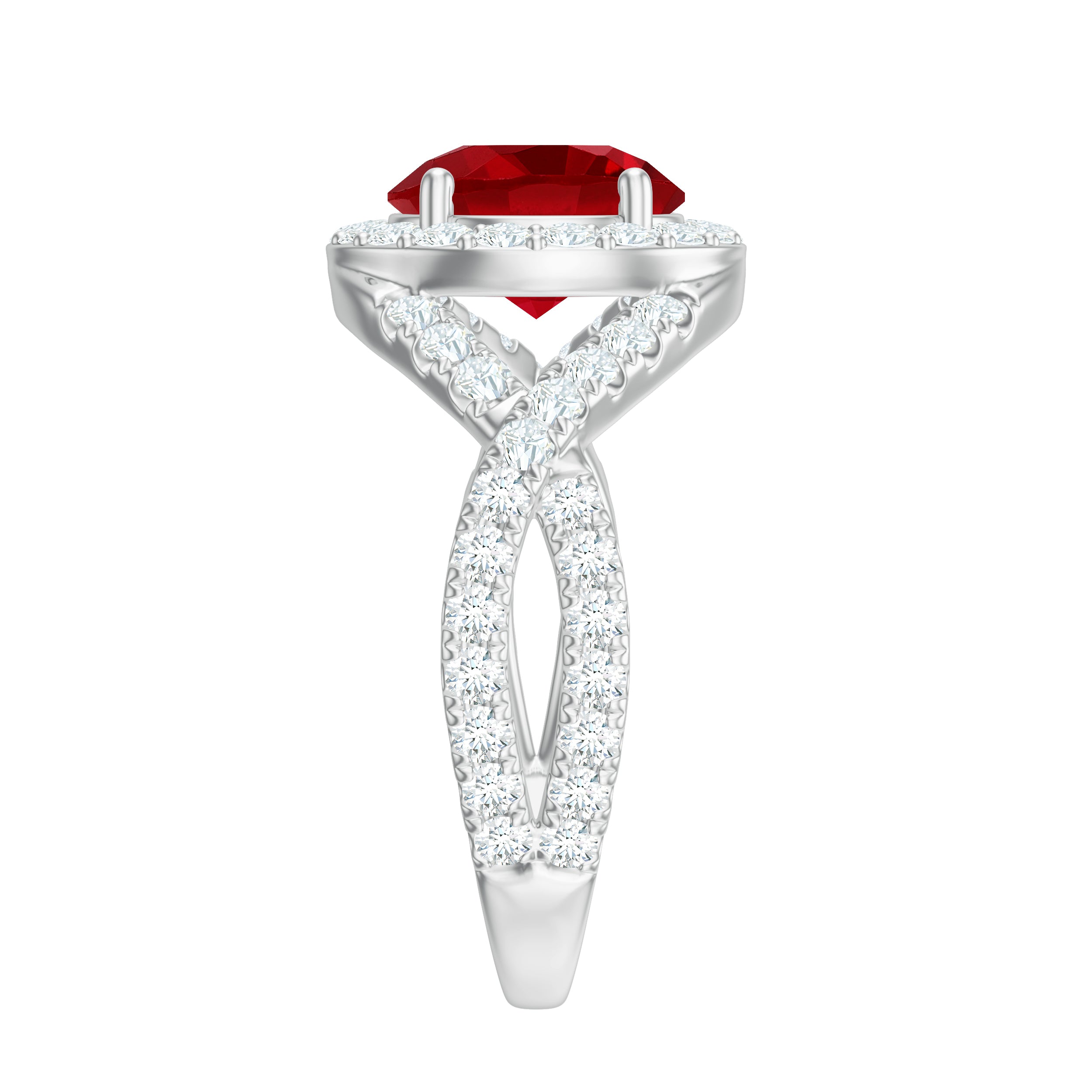 Round Created Ruby Crossover Engagement Ring With Moissanite AAAA - Rosec Jewels