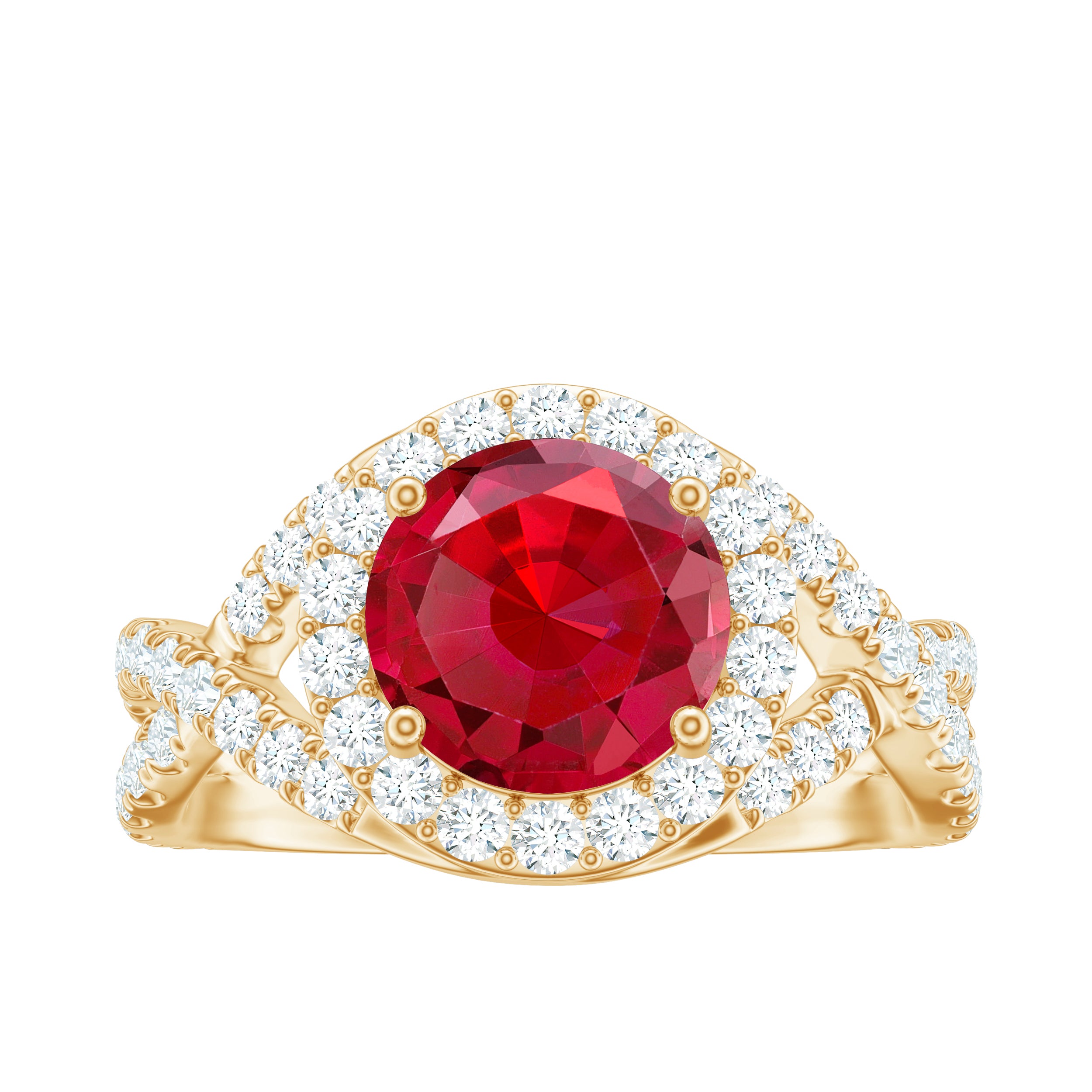 Round Created Ruby Crossover Engagement Ring With Moissanite AAAA - Rosec Jewels