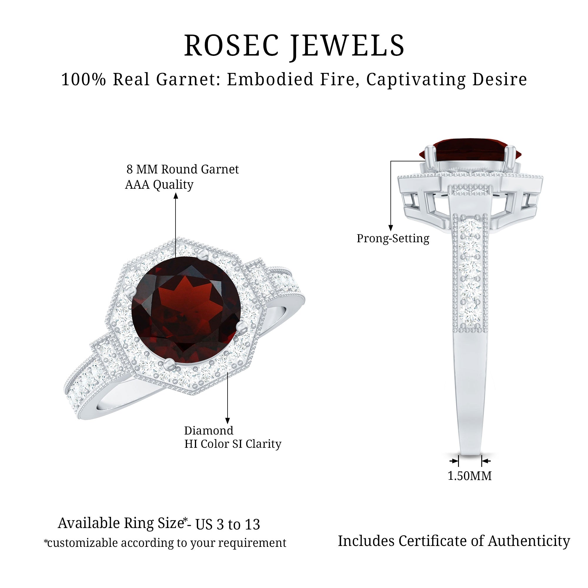 Art Deco 8mm Garnet Engagement Ring with Diamond Halo AAA - Rosec Jewels