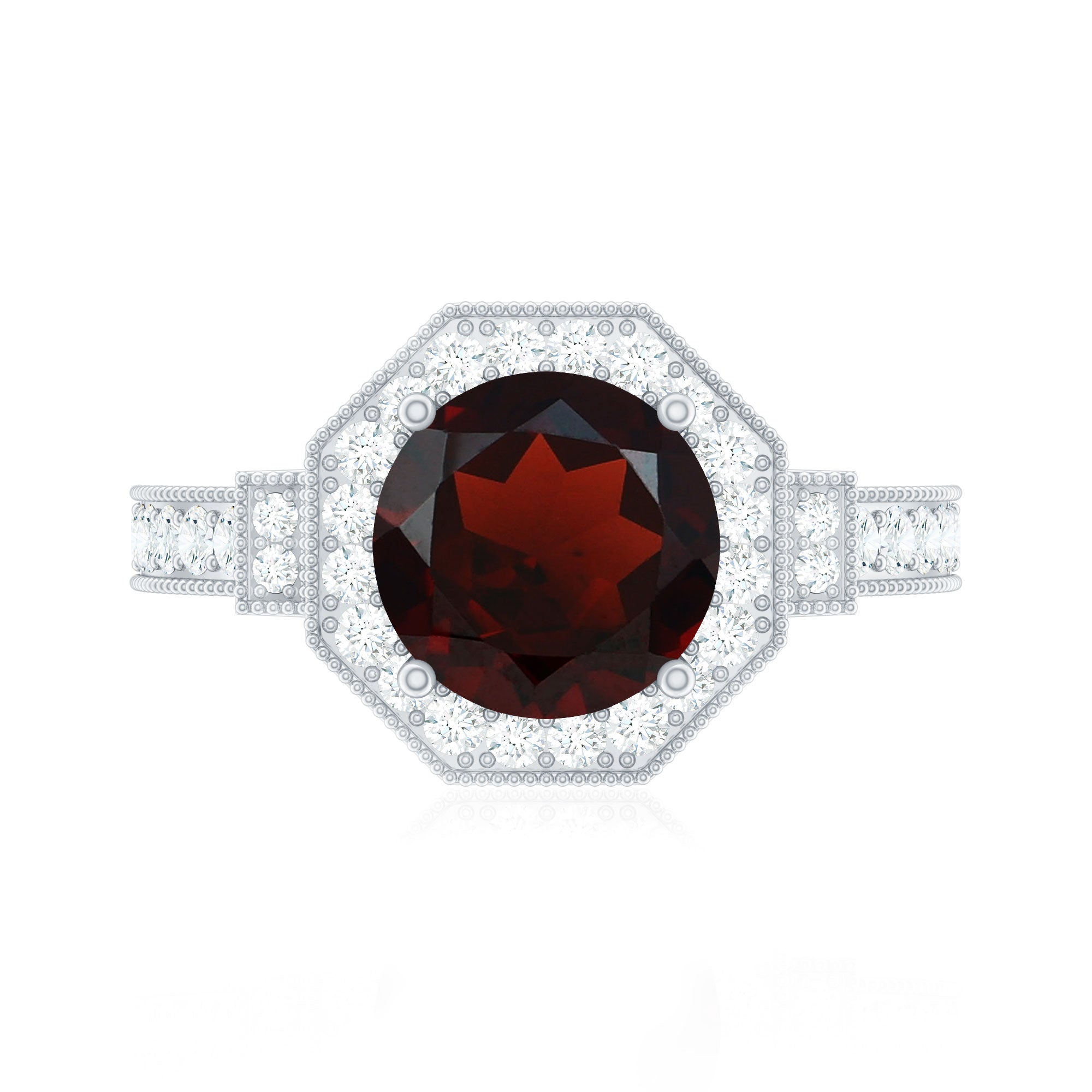 Art Deco 8mm Garnet Engagement Ring with Diamond Halo AAA - Rosec Jewels