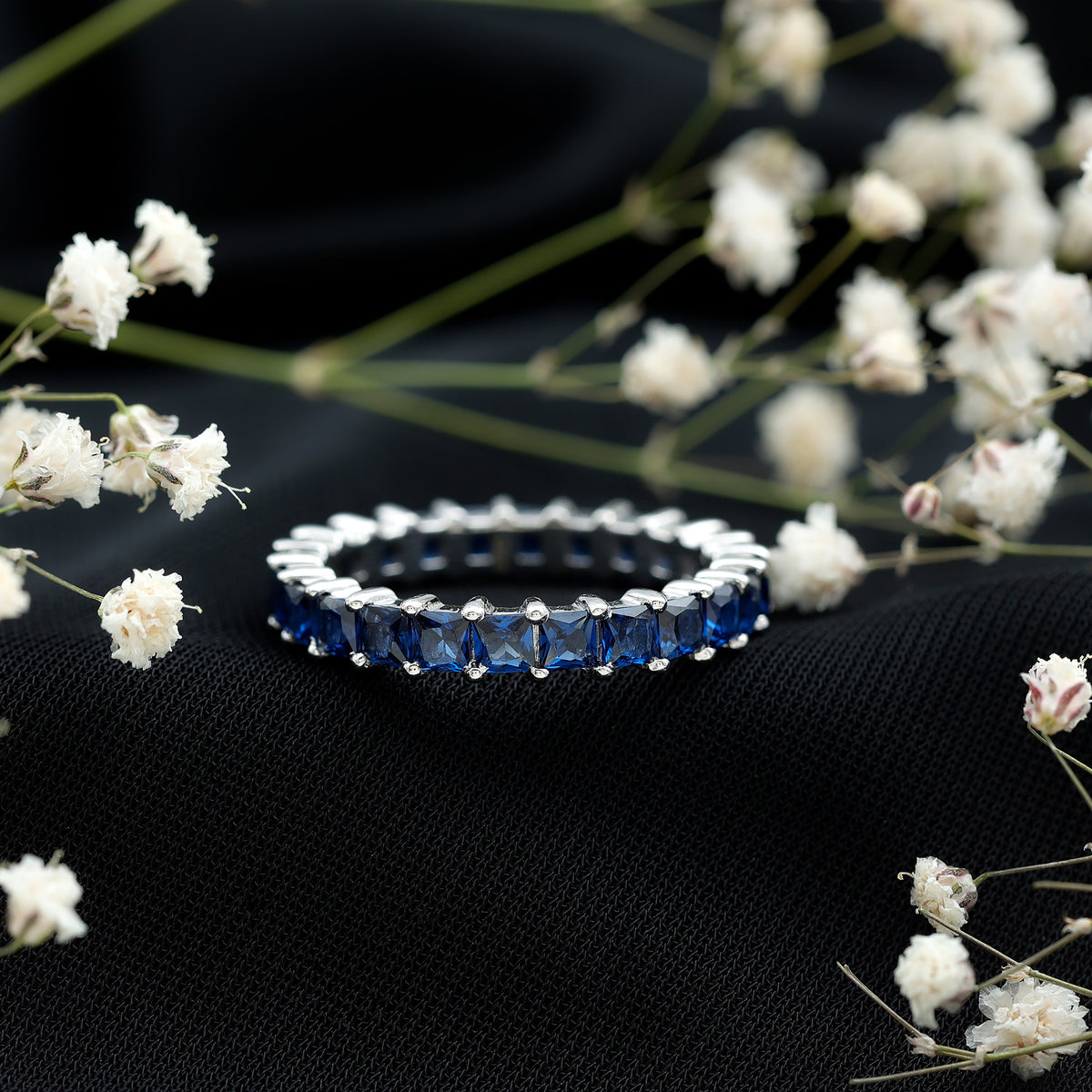Princess Cut Lab Grown Blue Sapphire Full Eternity Band AAAA - Rosec Jewels