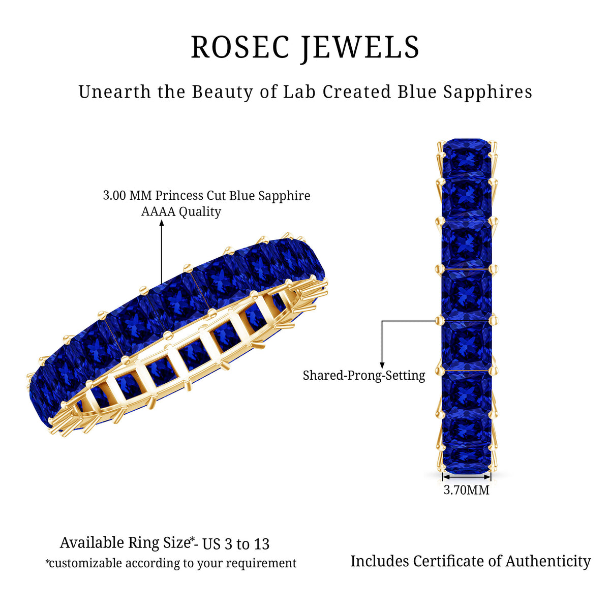 Princess Cut Lab Grown Blue Sapphire Full Eternity Band AAAA - Rosec Jewels